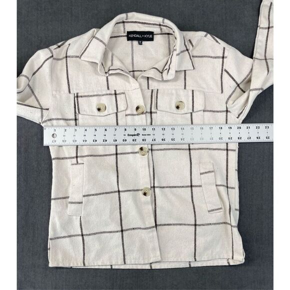 Kendall and Kylie‎ Plaid Shacket Womens M Ivory Brown Long Sleeve Button Front - Picture 3 of 7